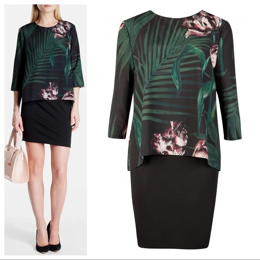 NWOT Ted Baker London Tropical Palm Floral Sheer Cape Dress